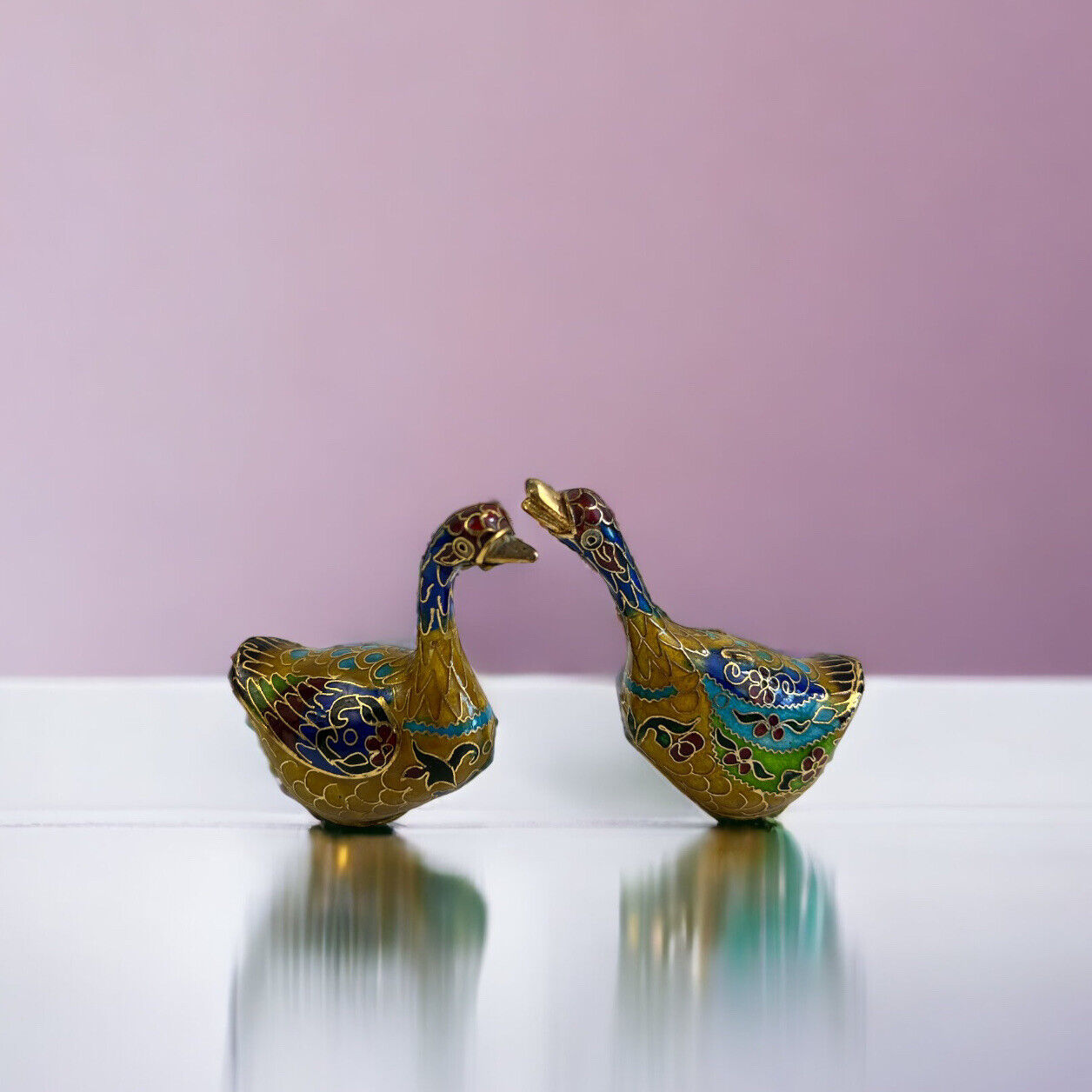 Vintage Pair of Miniature Cloisonne Geese Birds Enamel Figurines Oriental Décor