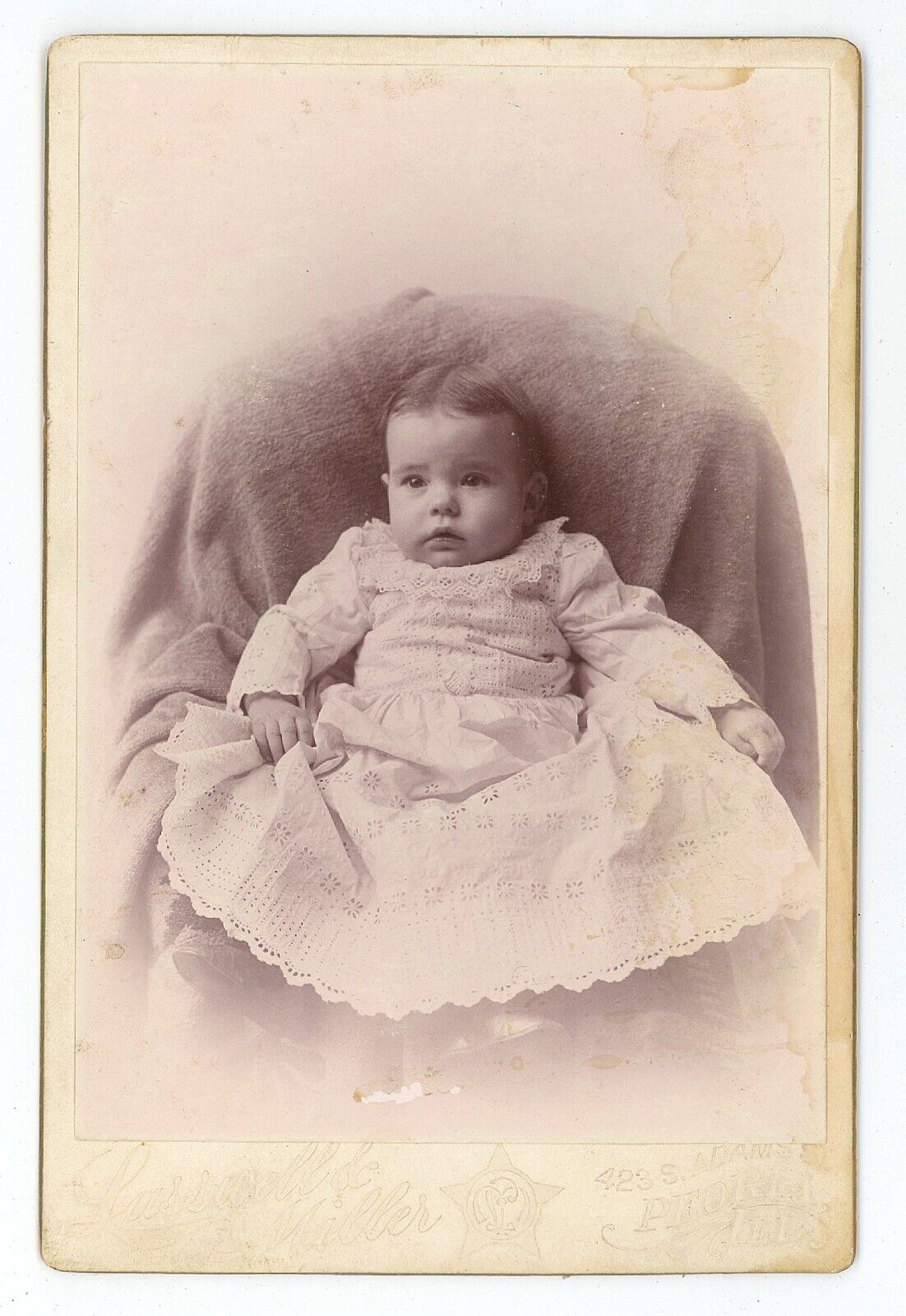 Antique c1880s ID\'d Cabinet Card Beautiful Little Girl White Dress Peoria, IL