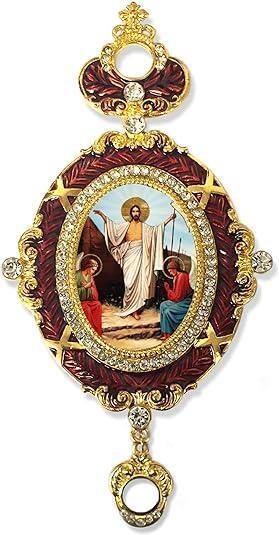Resurrection of Christ Easter Icon in Crown Topped Enameled Frame 5 3/4 Inch