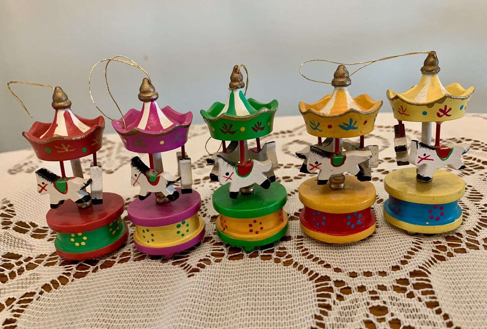 Pier 1 Hand Painted Christmas Ornaments Set Of 5 Wooden Carousel Horses