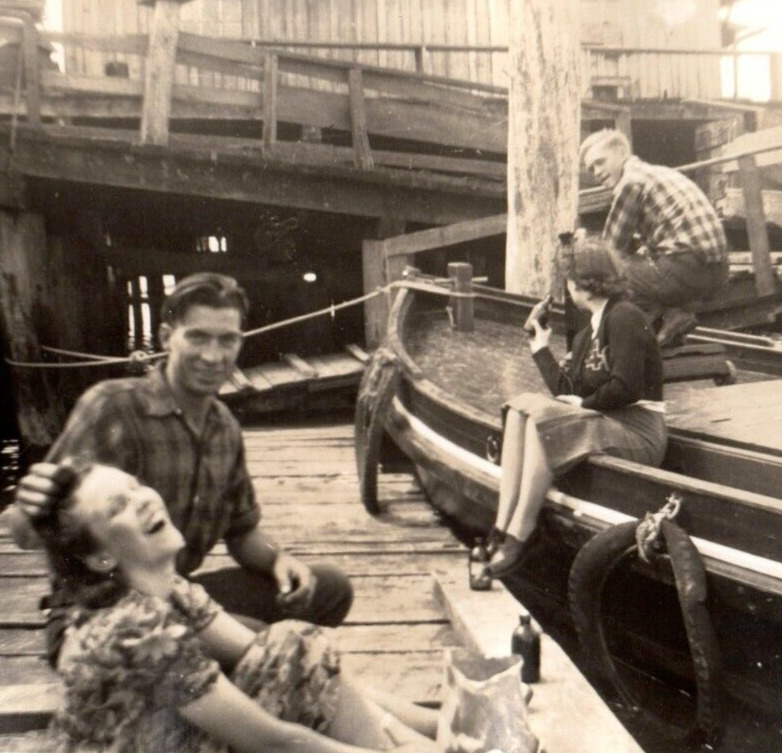 Couples Hanging Out On Boat Dock Marina Original Found Photo Vintage Photograph
