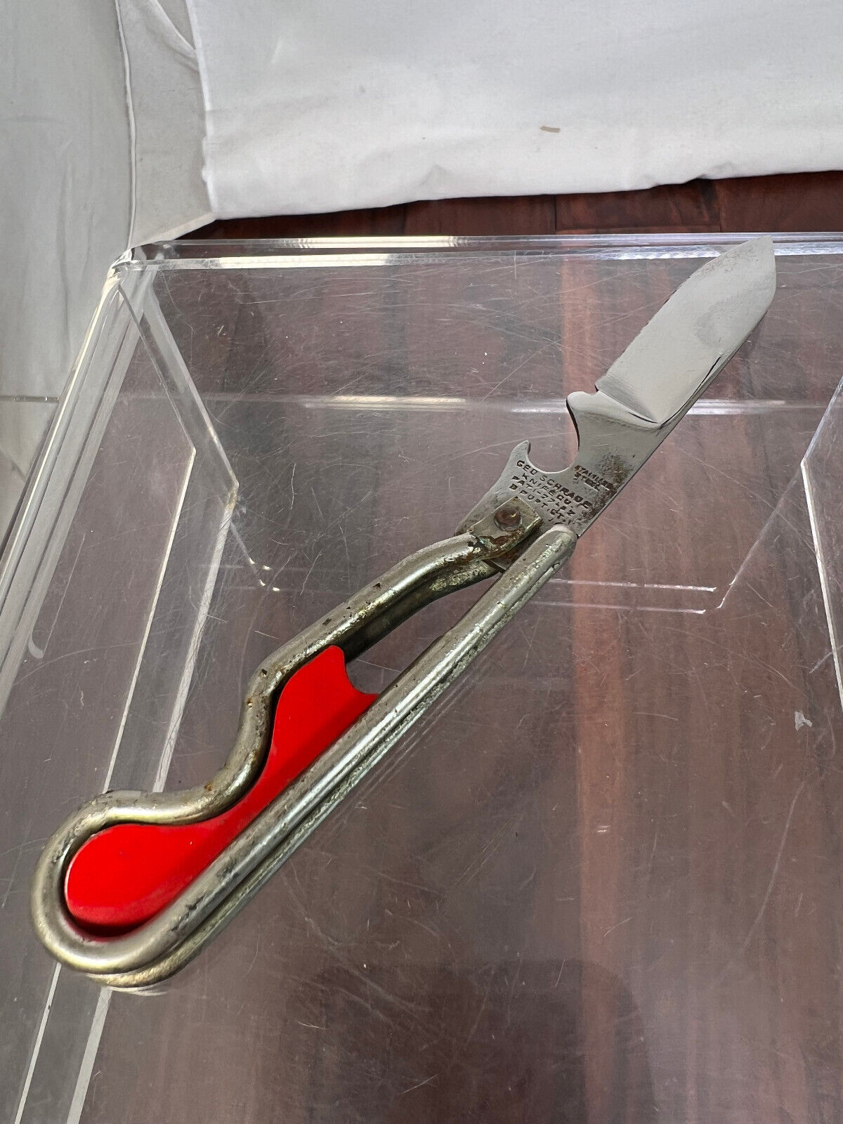 Vintage & Rare Geo. Schrade B'PORT CT OLD Red Metal Handle KNIFE 1942 WWII