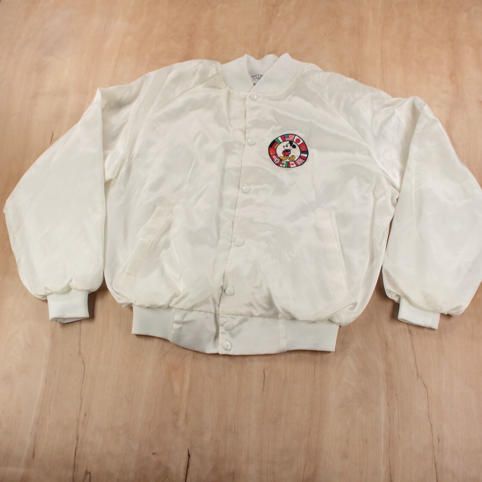 WALT DISNEY Epcot Center Mickey satin snap bomber jacket MEDIUM vtg 80s usa made
