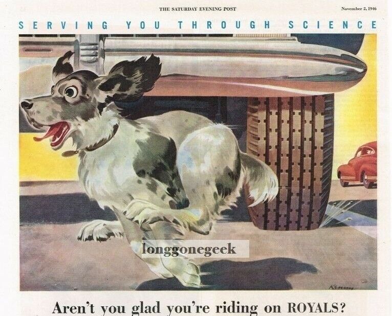 1946 US ROYAL Tires Car Avoids Running Dog art Vintage Print Ad