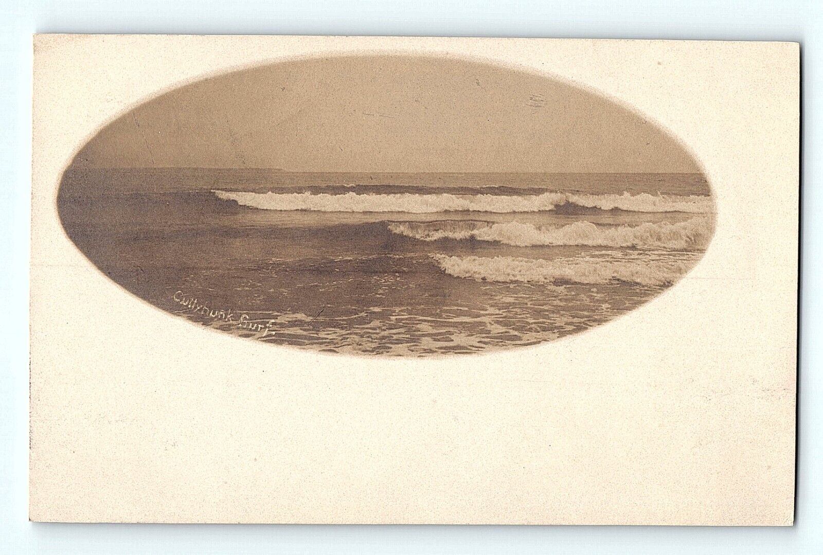 RPPC Cuttyhunk Surf Ocean Waves Vintage Oval Picture Postcard D3