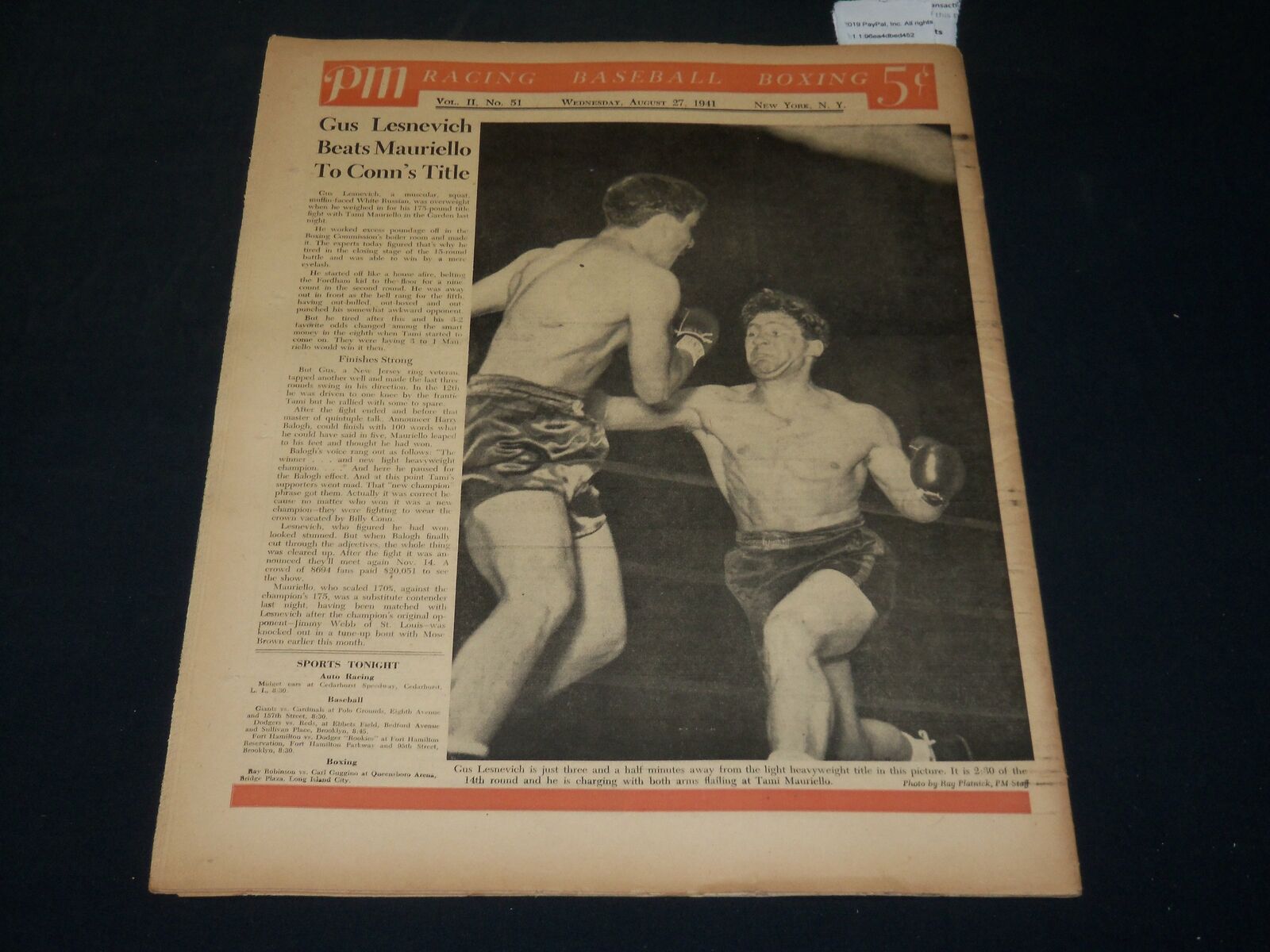 1941 AUGUST 27 PM'S WEEKLY NEWSPAPER - LESNEVICH BEATS MAURIELLO - NP 4934