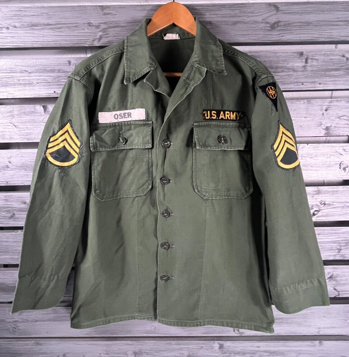 Vintage 50s 60s US Army Korean War Shirt Jacket Herringbone Twill Olive Small