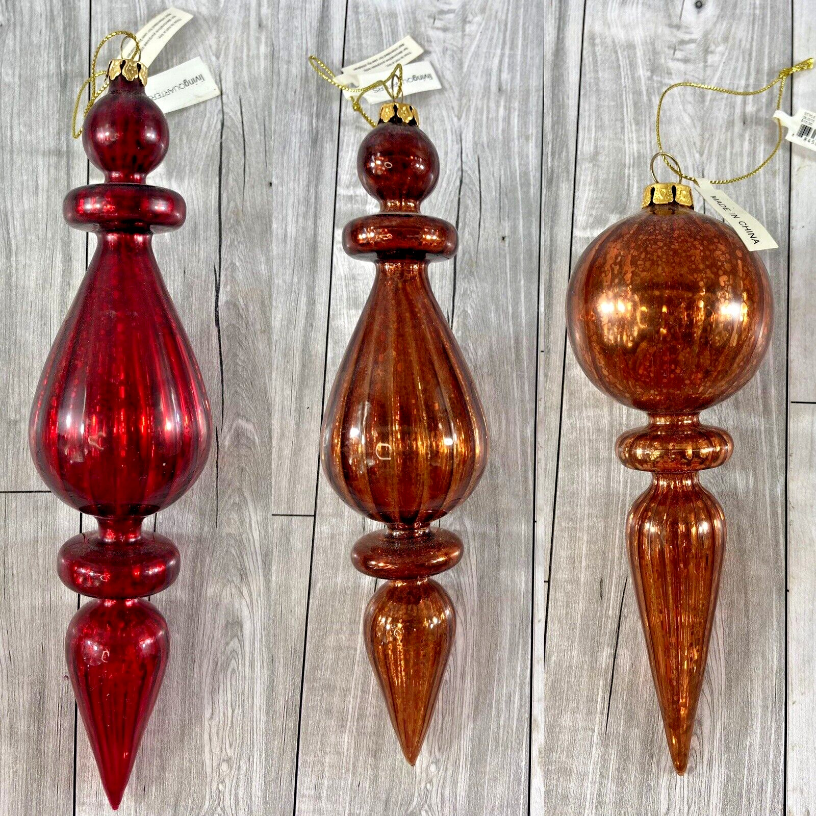 Mercury Glass 3 pc Ornament Set- Red & Brown by Living Quarters 9 In.