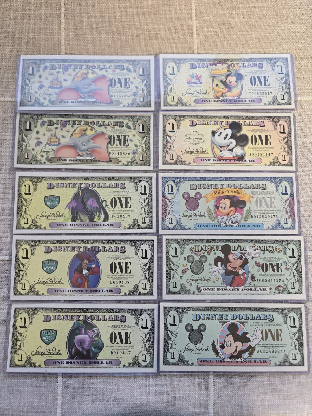 Disney Dollars Lot $1 Collection 10 Uncirculated Bills
