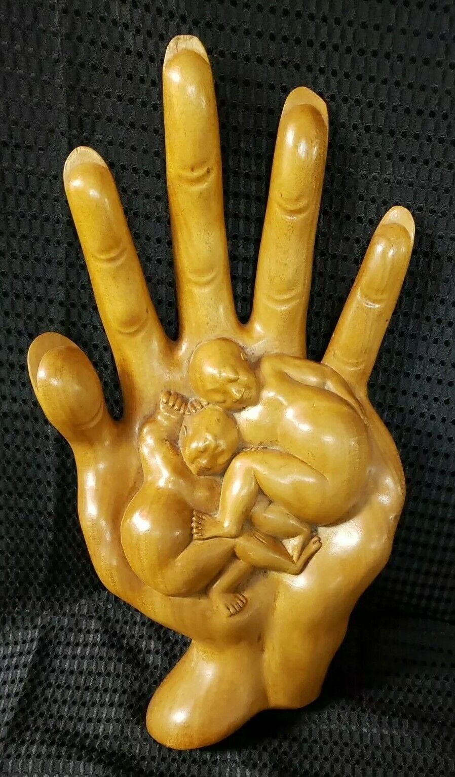 Vintage Bali Wood Carved Statue Children in Palm of Hand 19.25\