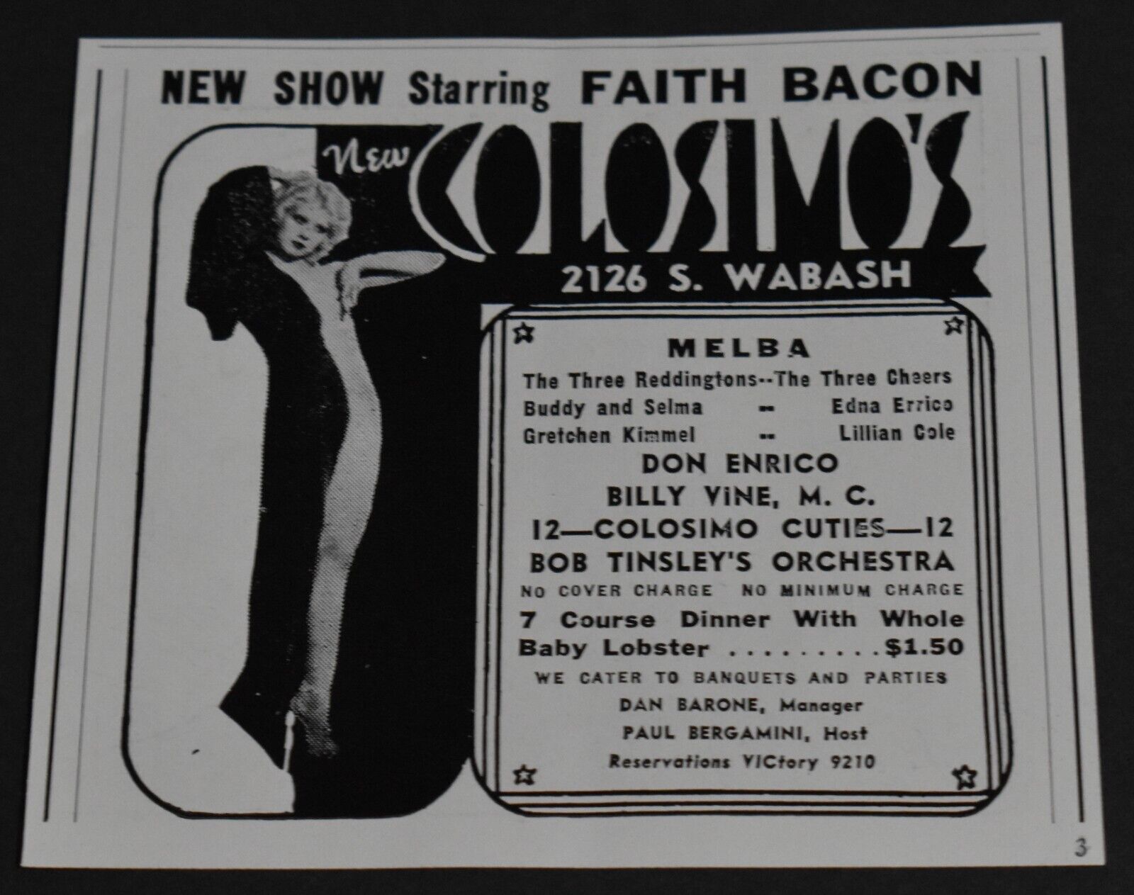 1937 Print Ad Chicago Colosimo's Al Capone Faith Bacon Billy Vine Big Jim Art