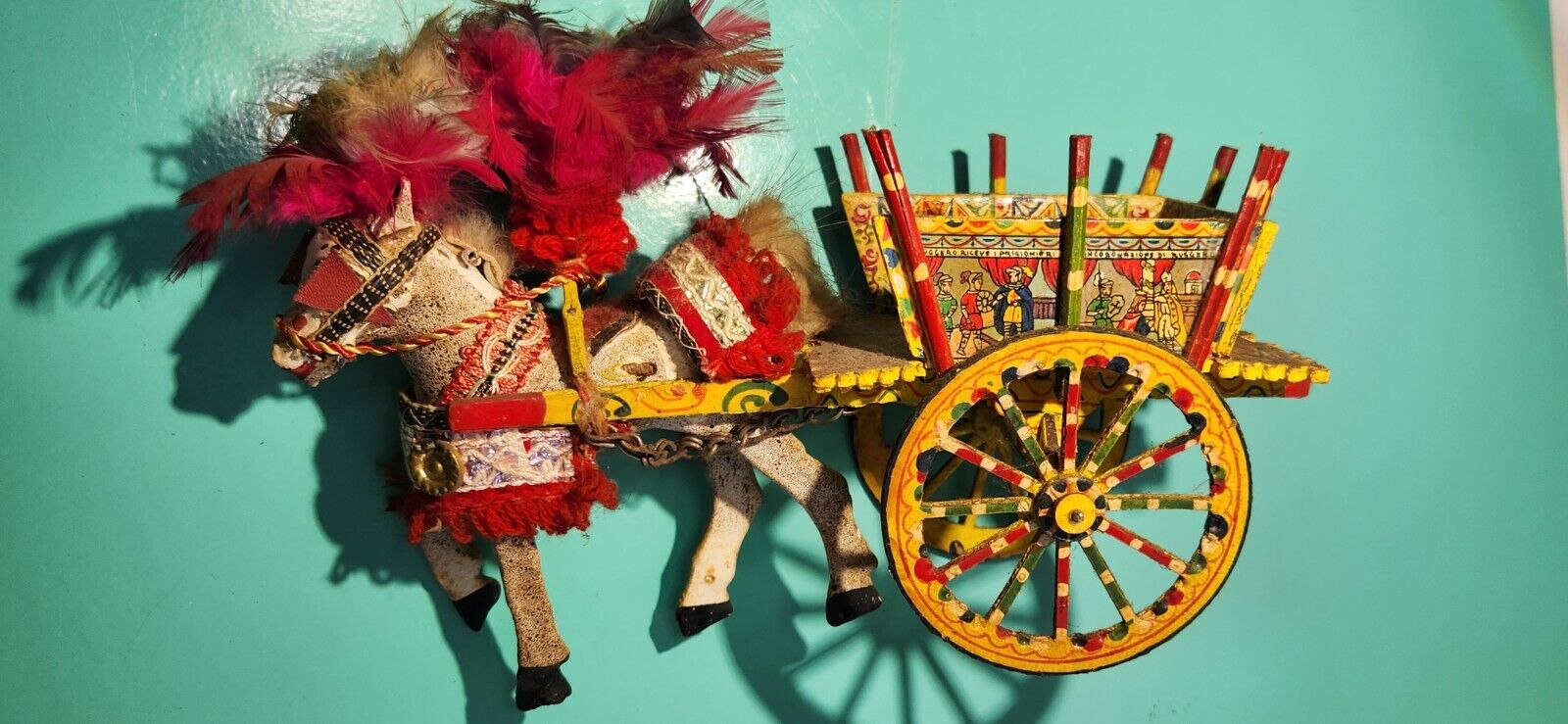 Vintage Italian Folk Art Souvenir Sicilian Wood Cart w Horse & People