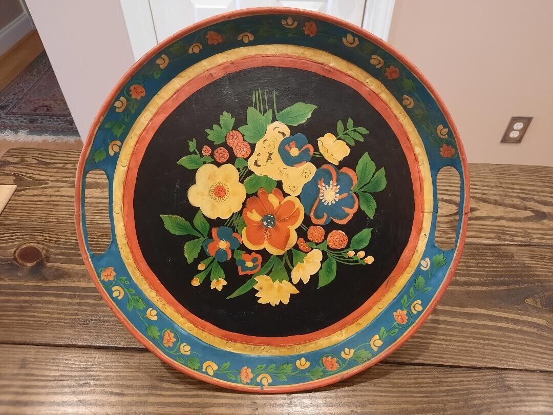 Antique Hand Painted Metal Toleware Tray Orange Green Round Circular Floral