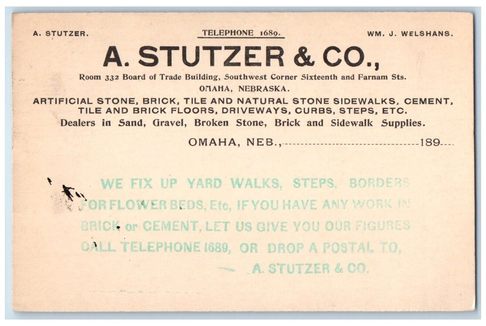 c1880\'s Fixing Walks Steps A Stutzer & Co. Omaha Nebraska NE Postal Card