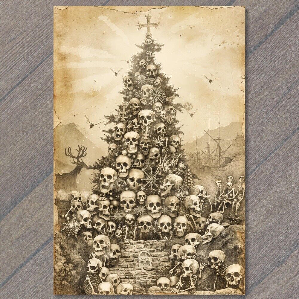 POSTCARD Skull Christmas Tree Skeleton Eerie Scary Old School Guns Strange Weird