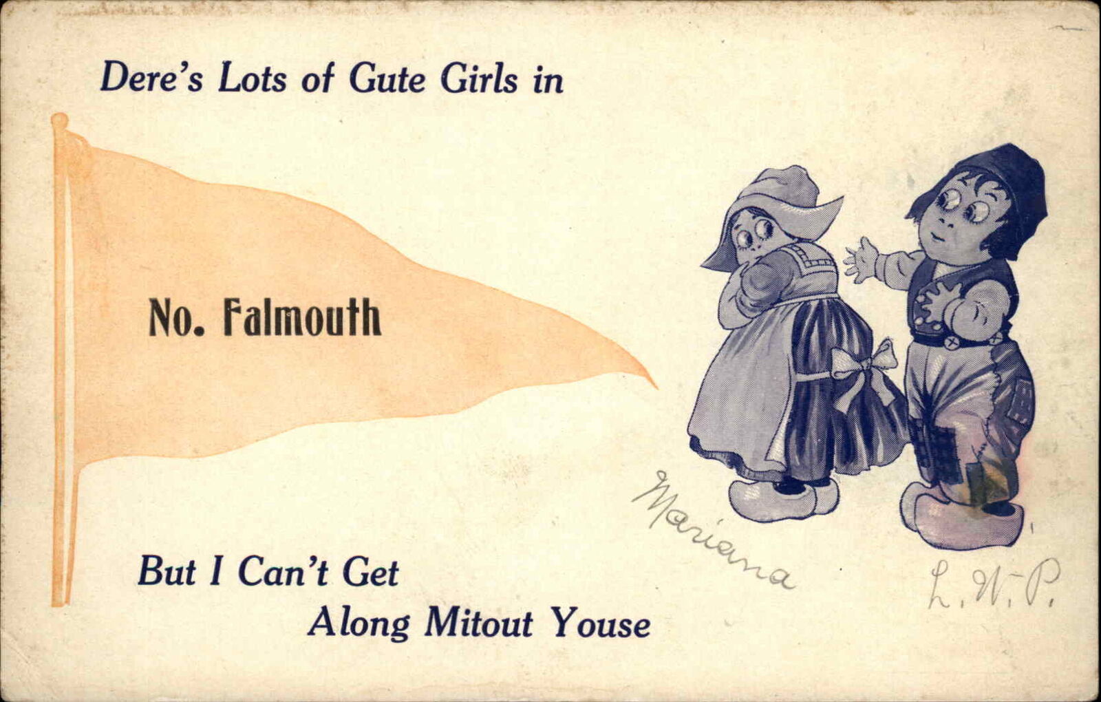 North Falmouth Mass MA Cape Cod Dutch Couple Romance Pennant Vintage PC