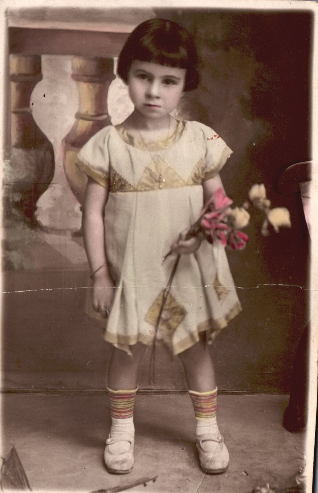 Vintage Postcard Little Girl Witg Flower Cute Costume White Shoes Photograph