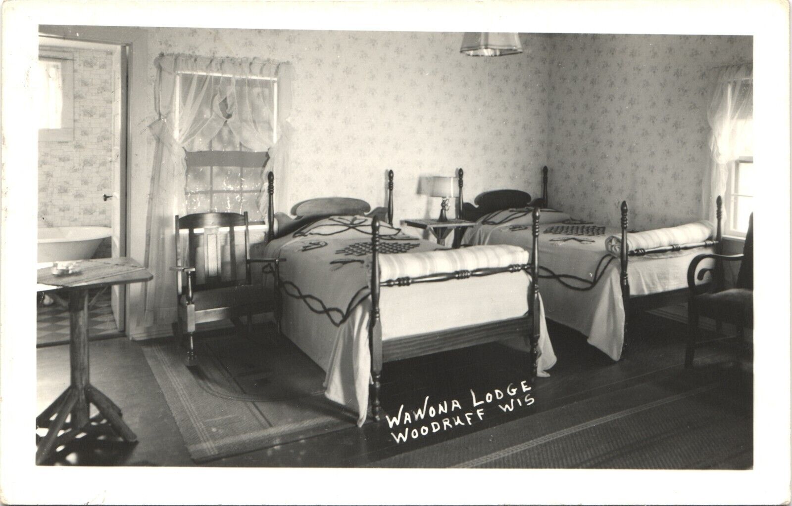 WAWONA LODGE HOTEL ROOM real photo postcard rppc WOODRUFF WISCONSIN WI 1940s