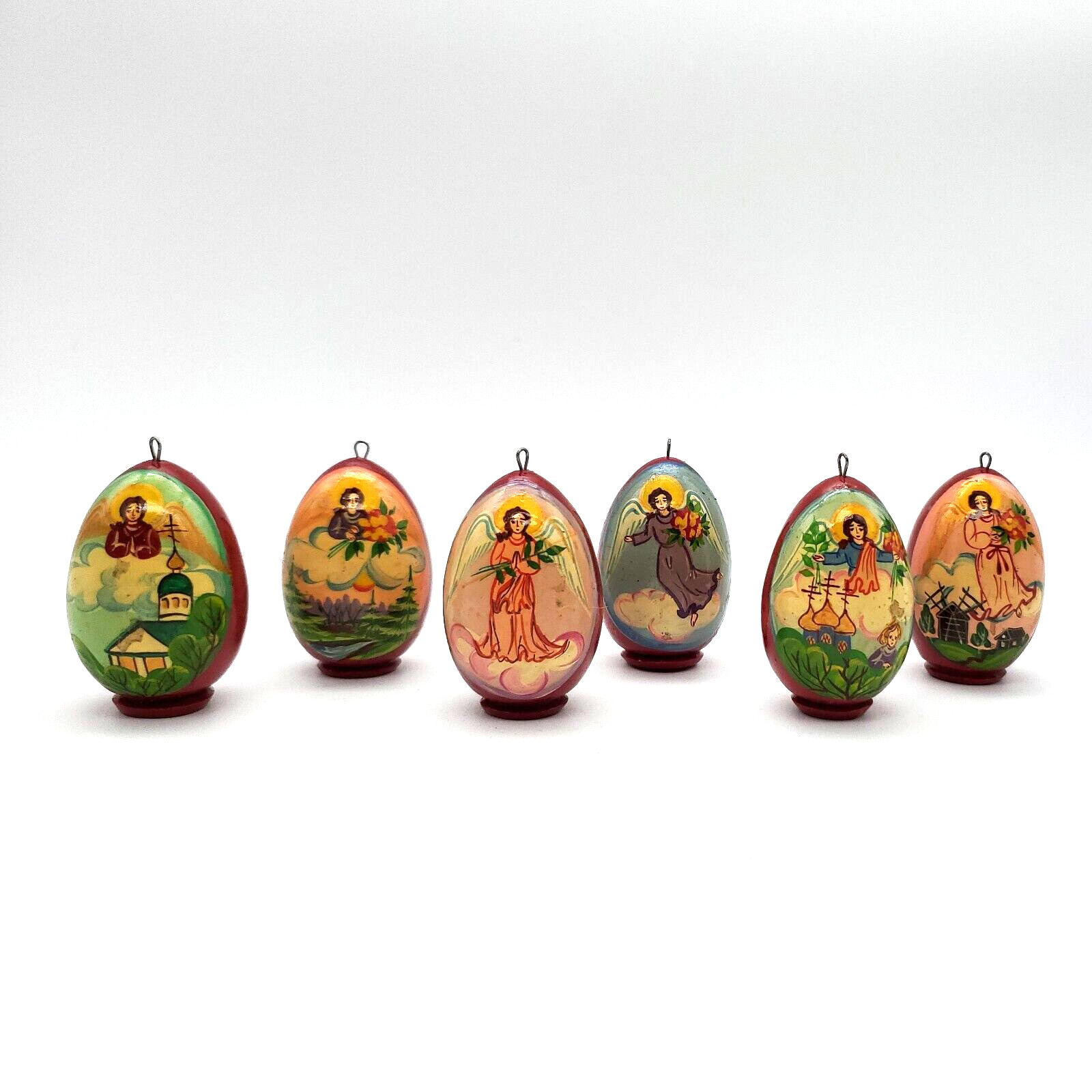 Handpainted Russian Egg Ornaments Angels Churches Set Of Six Vintage Folk Art 2\