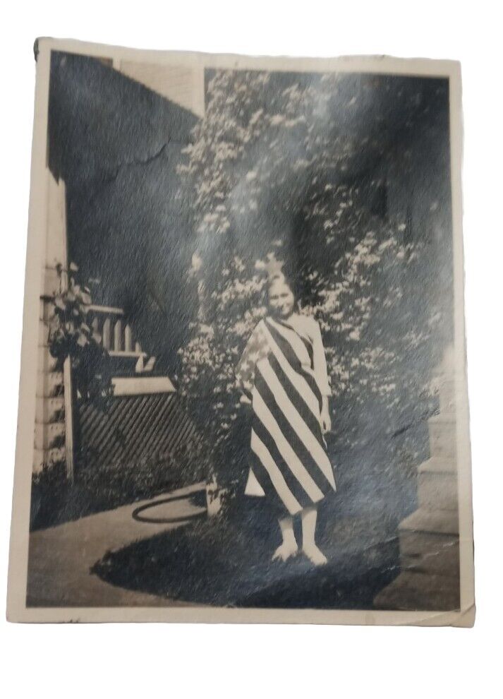 Antique Early 1900s Black & White Family Photograph Young Girl in American Flag 