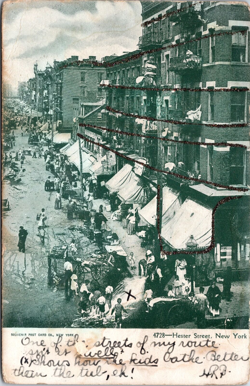 VINTAGE POSTCARD GLITTERED HESTER STREET CROWDED SCENE NEW YORK CITY POSTED 1905