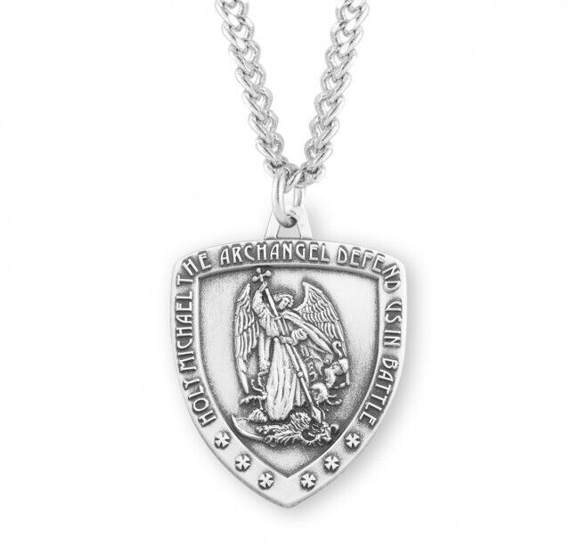 Holy Michael The Archangel Defend Us Sterling Silver Shield Medal Necklace 24 In