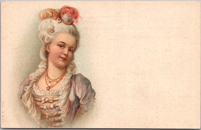 c1900s European Pretty Lady Postcard Girl Powdered Wig 18th Century Fashion