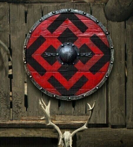 Antique Round Shield Wooden Carved Norse Carving Hand Medieval Battle Runic Item