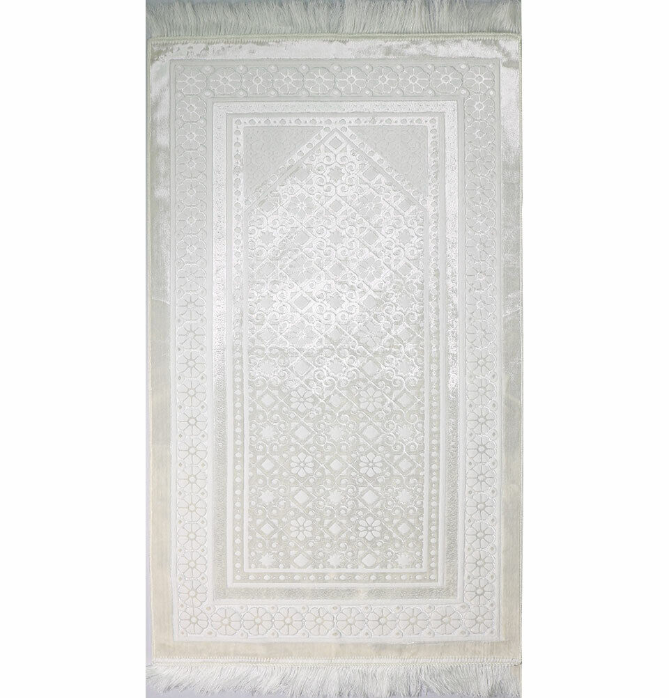 Modefa Velvet Islamic Prayer Rug Turkish Sajadah Floral Stamp Luxury Plush White