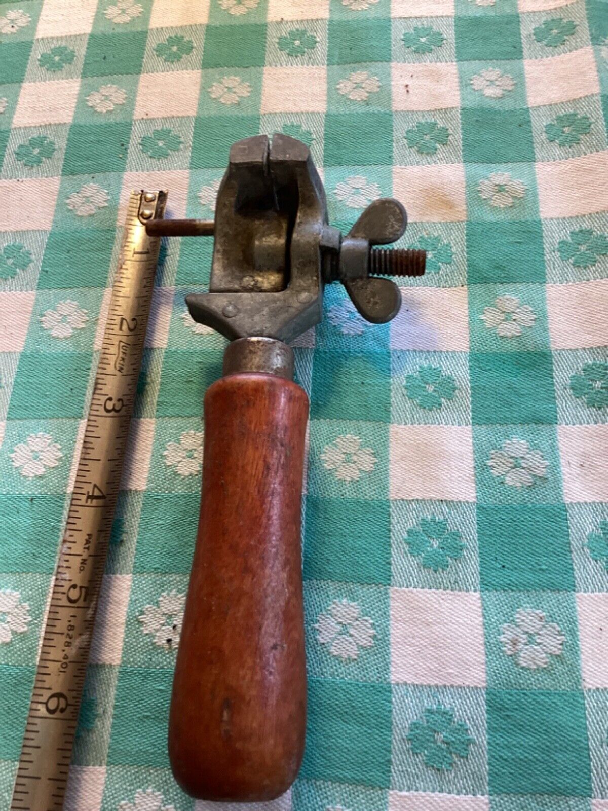 VINTAGE VISE ON WOODEN HANDLE DIFFERENT LOOKING TOOL