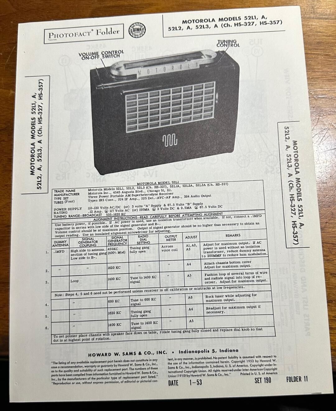 1953 Motorola 52L1 52L2 52L3 HS-327 357 Photofact Service Manual Foldout Folder