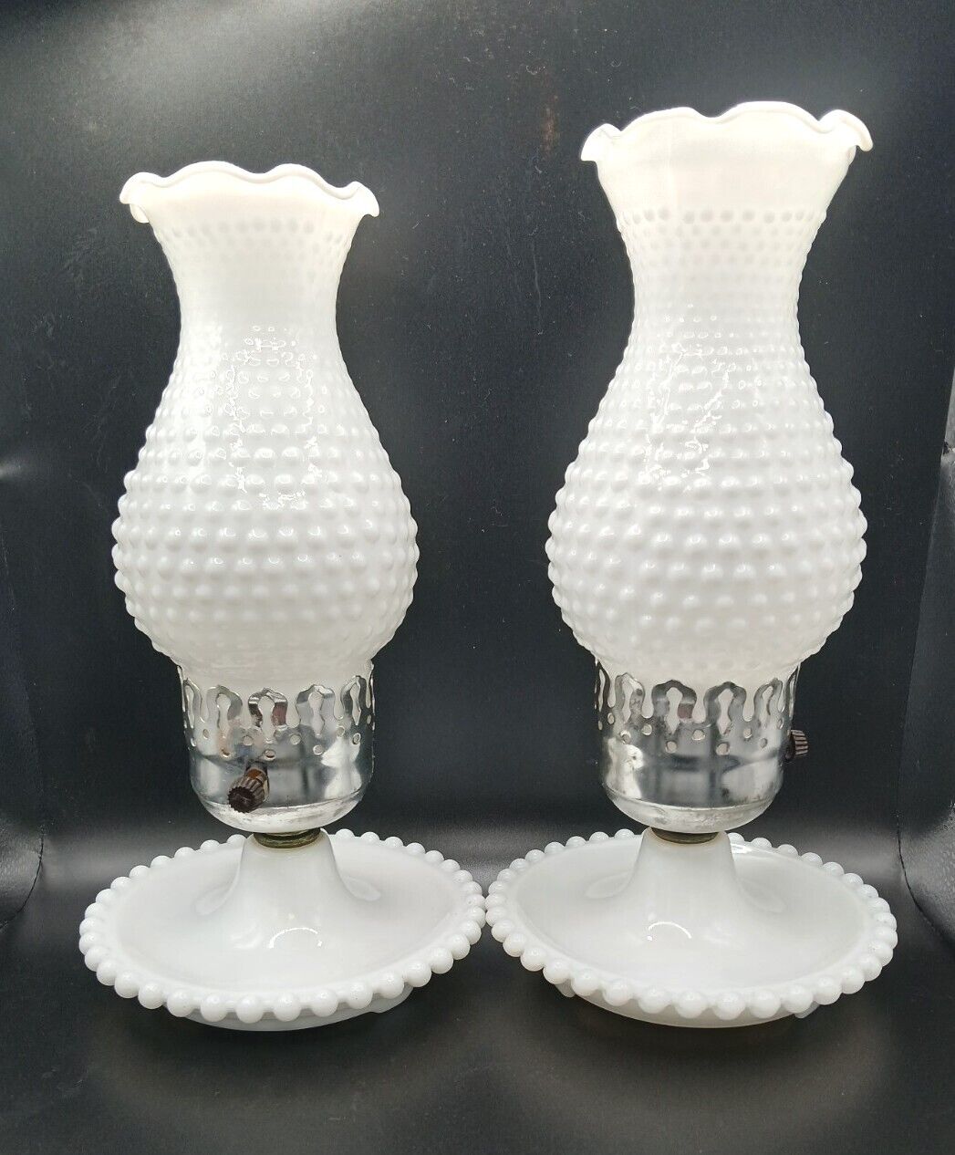 Vintage Pair Of Electric Beaded Milk Glass Lamps / Boudoir W/ Hobnail Chimneys