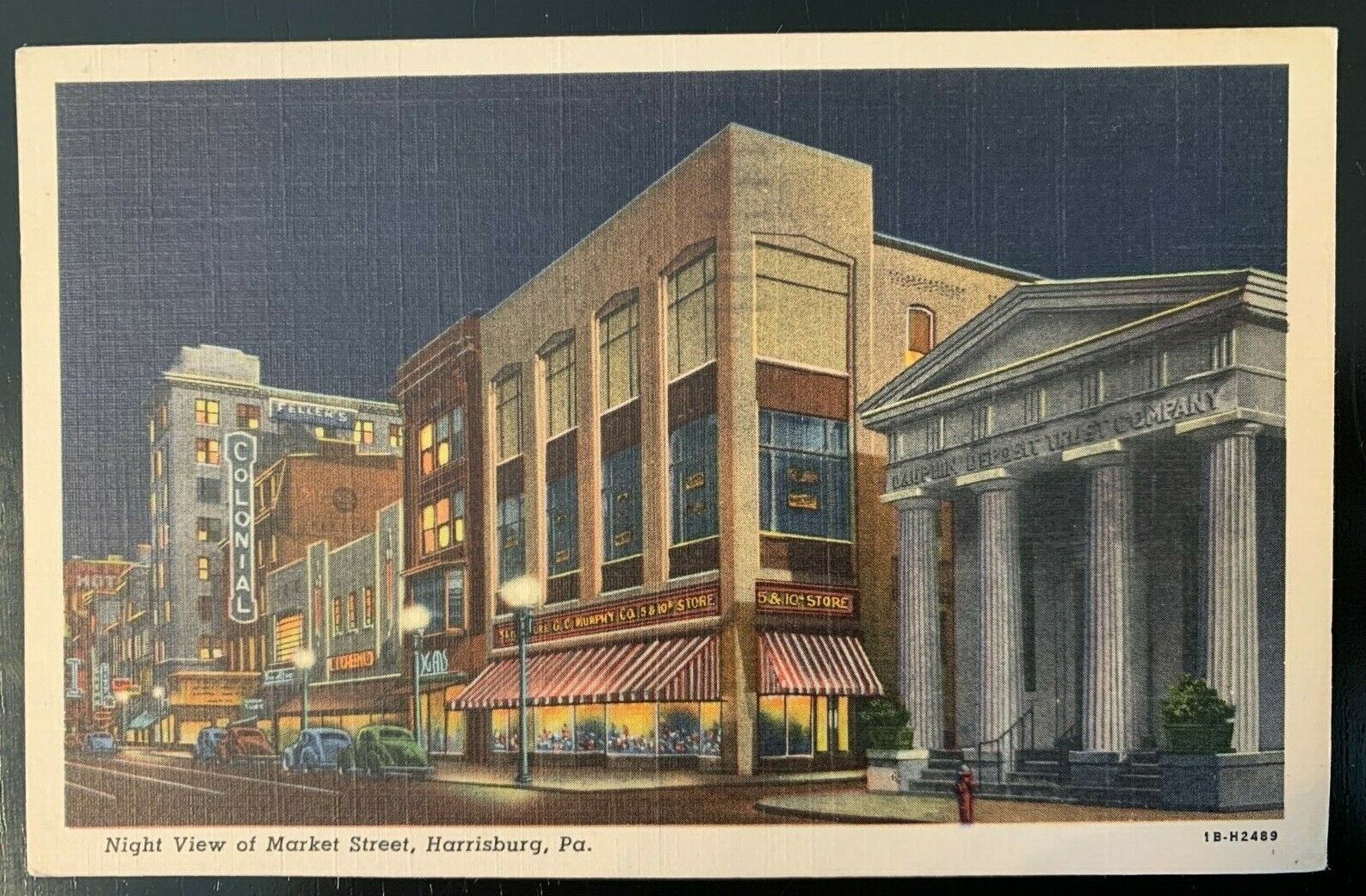 Postcard Harrisburg PA - c1940s Market Street at Night - Five & Dime - Colonial