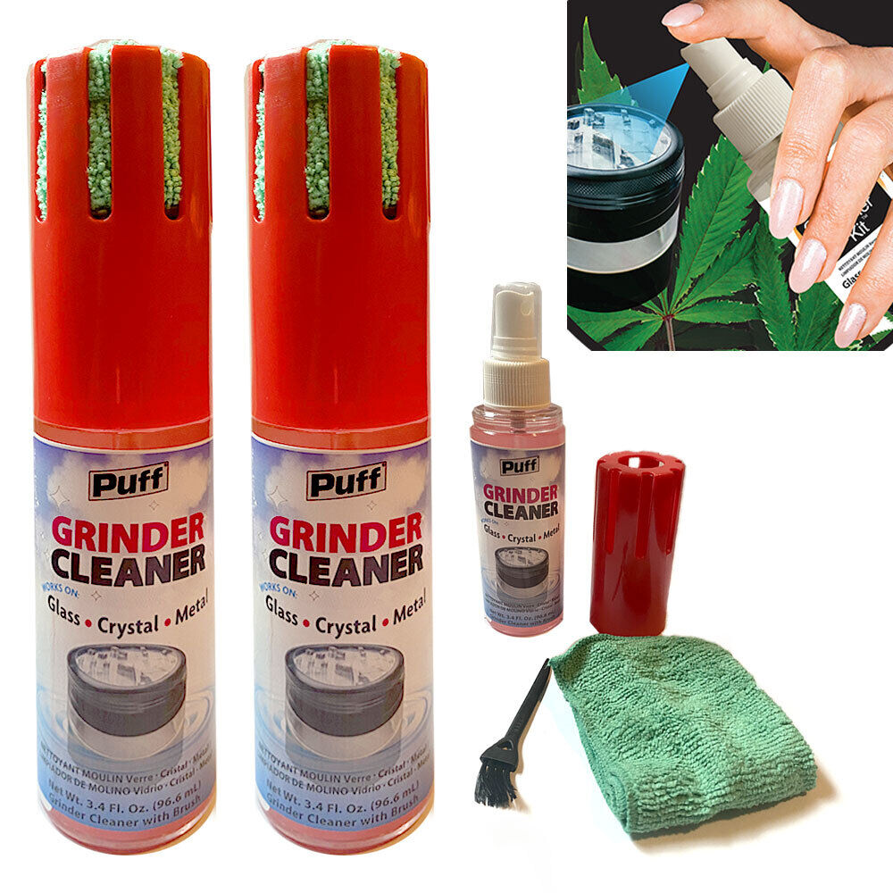 2 Puff Grinder Cleaner Residue Remover Solution Kit w/ Brush Glass Metal Crystal
