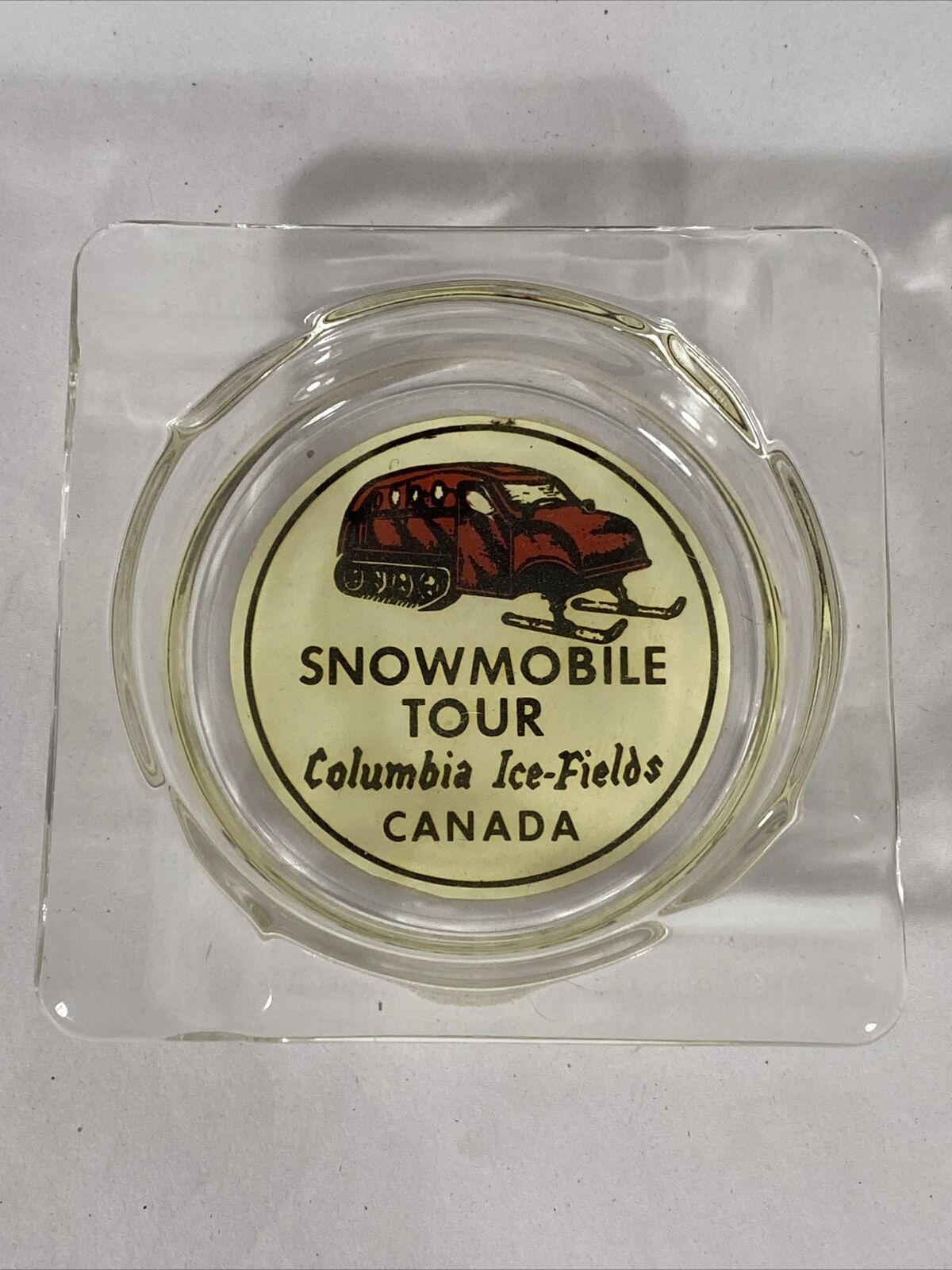 Vintage Glass Ashtray Snowmobile Tours Columbia Ice Fields Canada Advertising