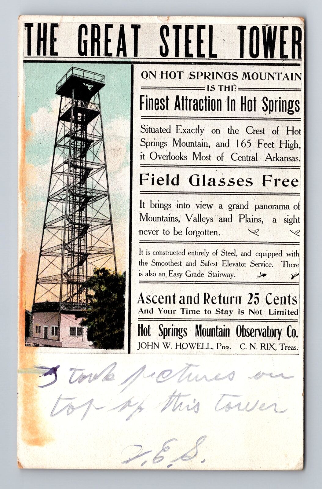 Hot Springs AR-Arkansas, The Great Steel Tower, Antique, Vintage Postcard