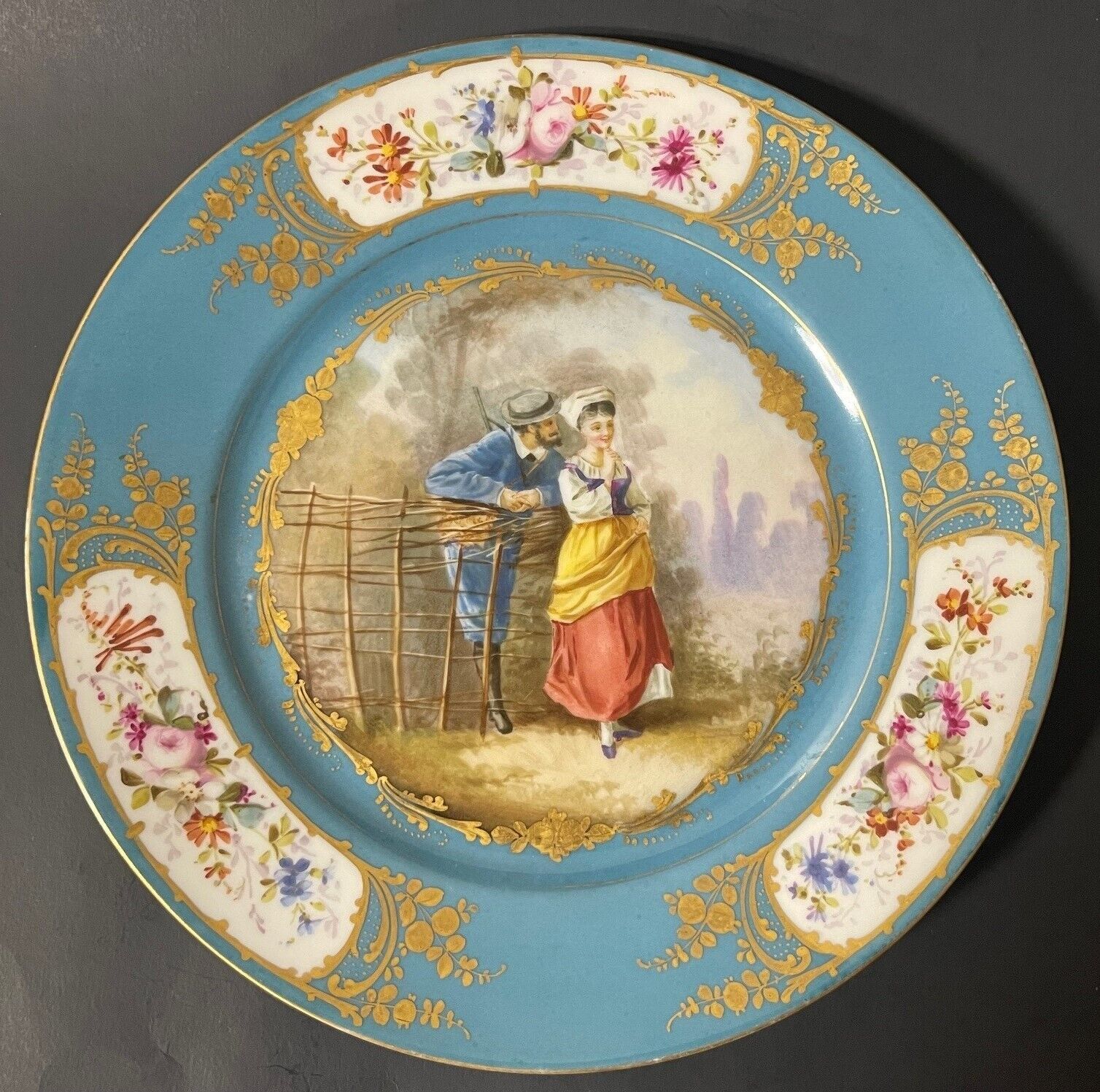 Antique 1753-1754 French Sevres Porcelain Plate with Court Scene