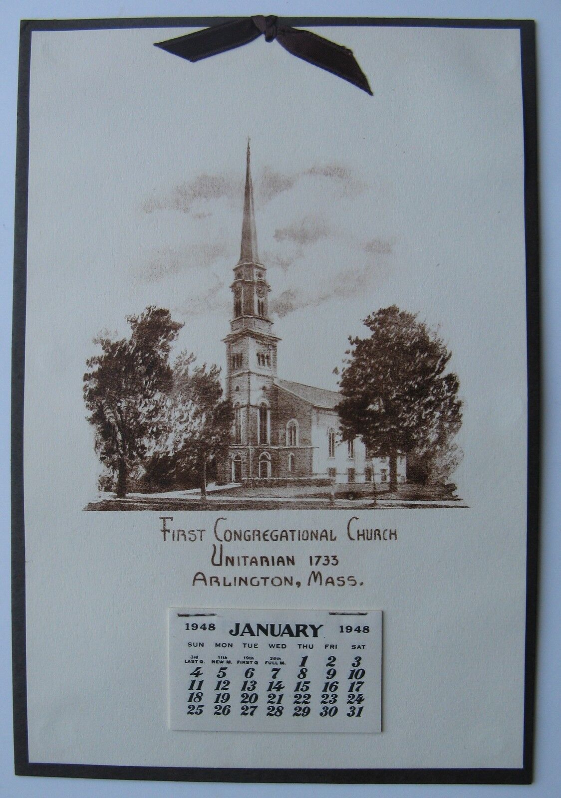 Arlington Ma 1948 First Congregational Church (Unitarian) Calendar with envelope