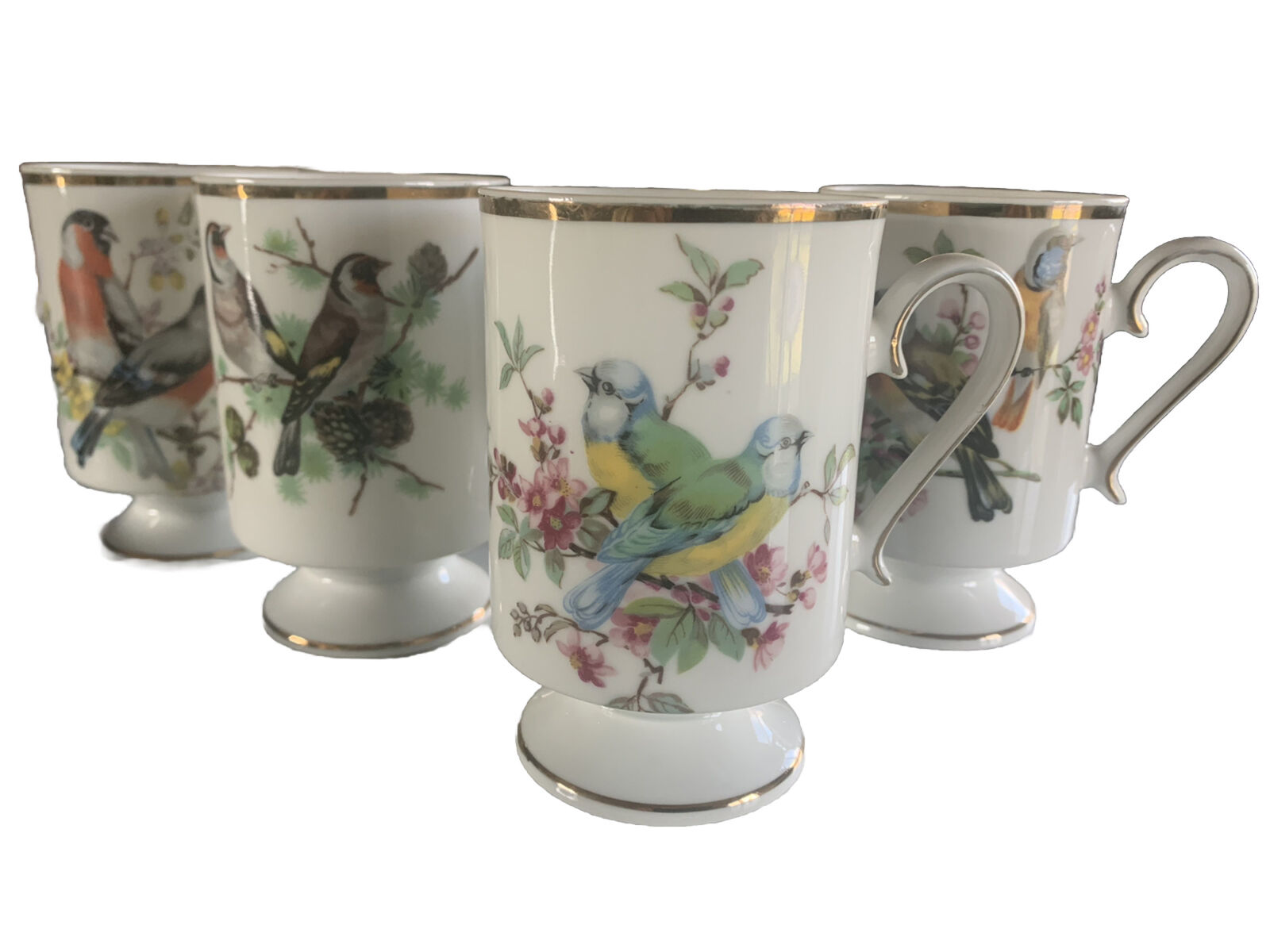 Set of 4 Vtg ROYAL CROWN Cups Pedestal Porcelain Colorful BIRDS Gold Trim