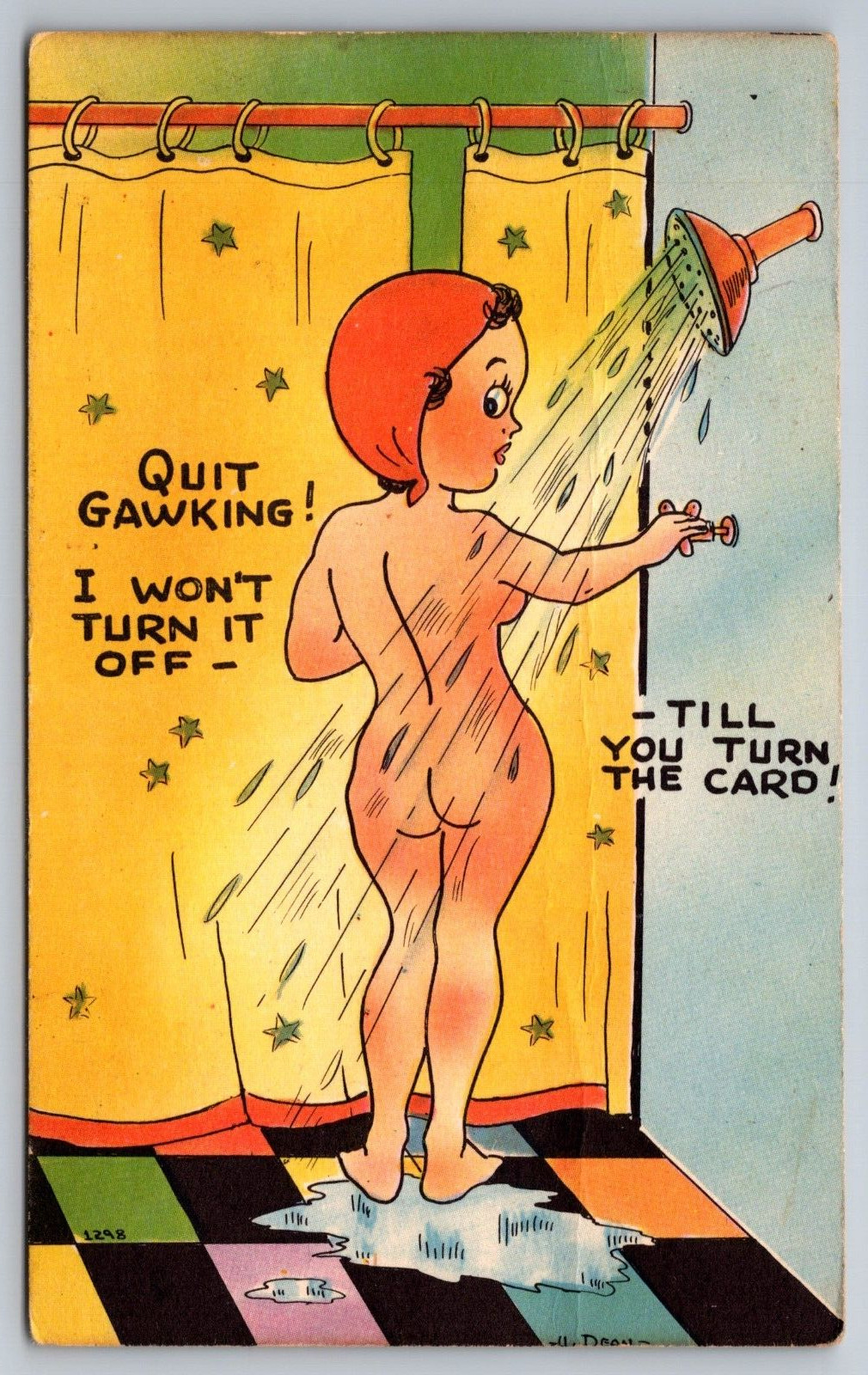 1940s WWII Era Saucy Comic Postcard Woman in Shower Won\'t Get Out Risqué