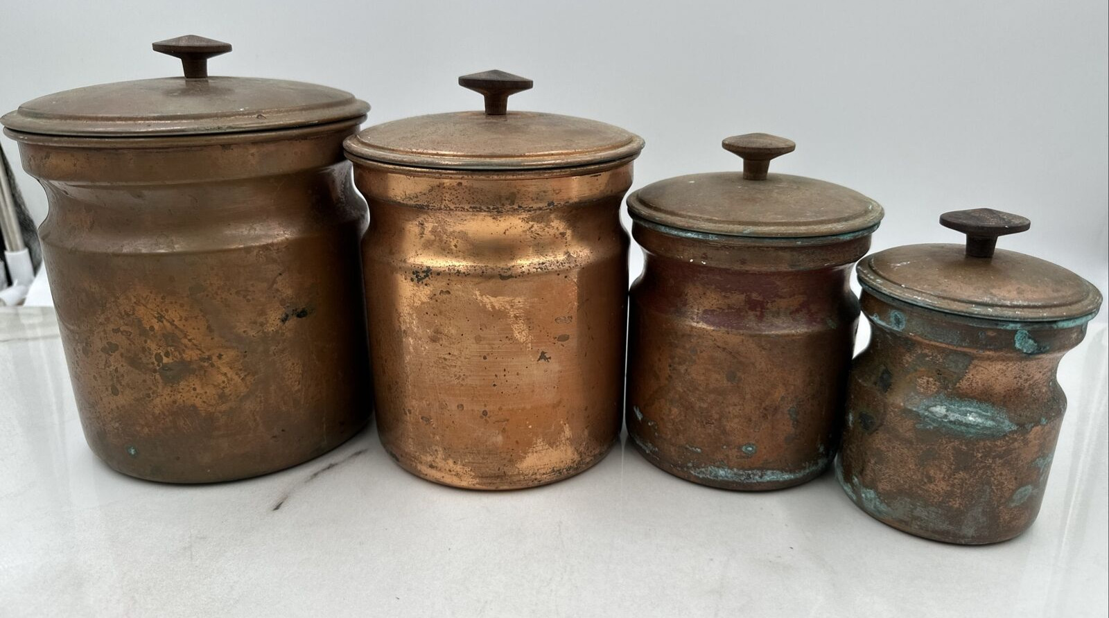 Vintage  Copper Plated 4pc Nesting Canister Set Flour-Sugar-Cofee-Tea