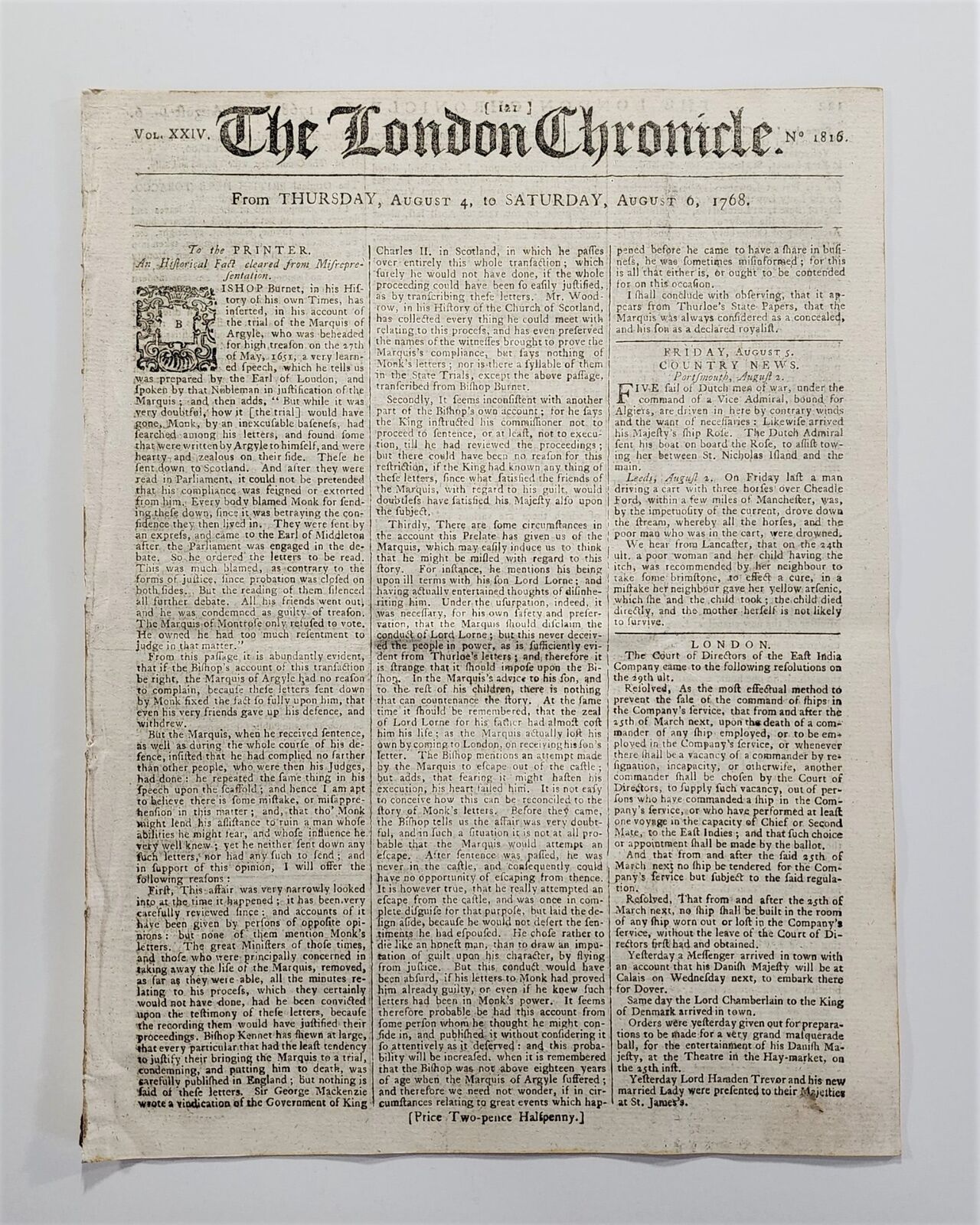 Aug. 4-6, 1768 The London Chronicle Vol. XXIV No. 1816 Newspaper