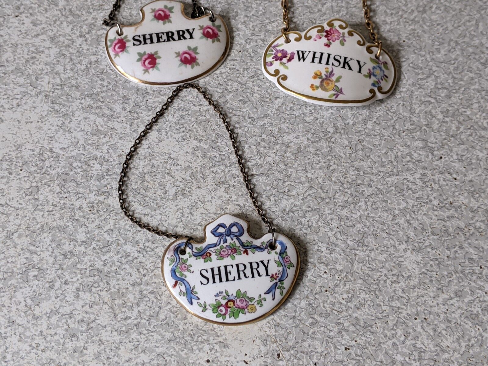 COLLECTION THREE VINTAGE  CERAMIC  BOTTLE DECANTER LABELS WHISKY , SHERRY