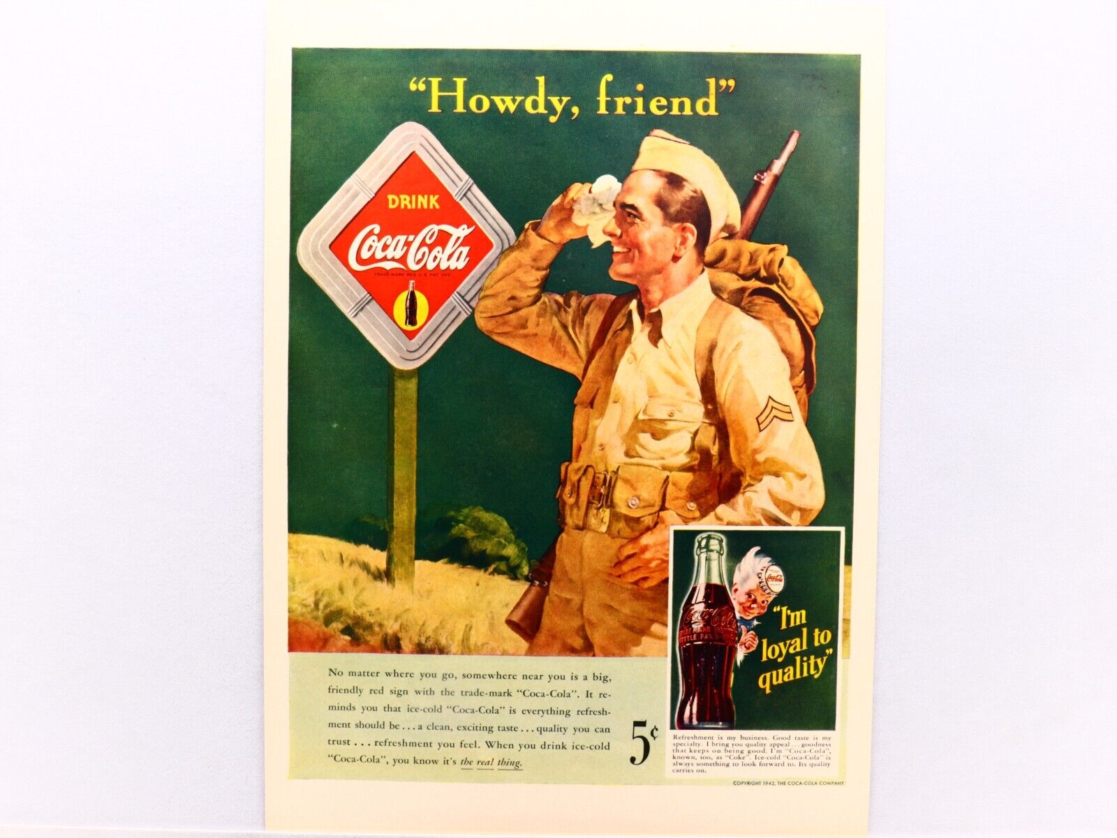 Rare Authentic WW2 Coca-Cola Ad, Soldier On Battlefield Seeing Friendly Coke Ad.