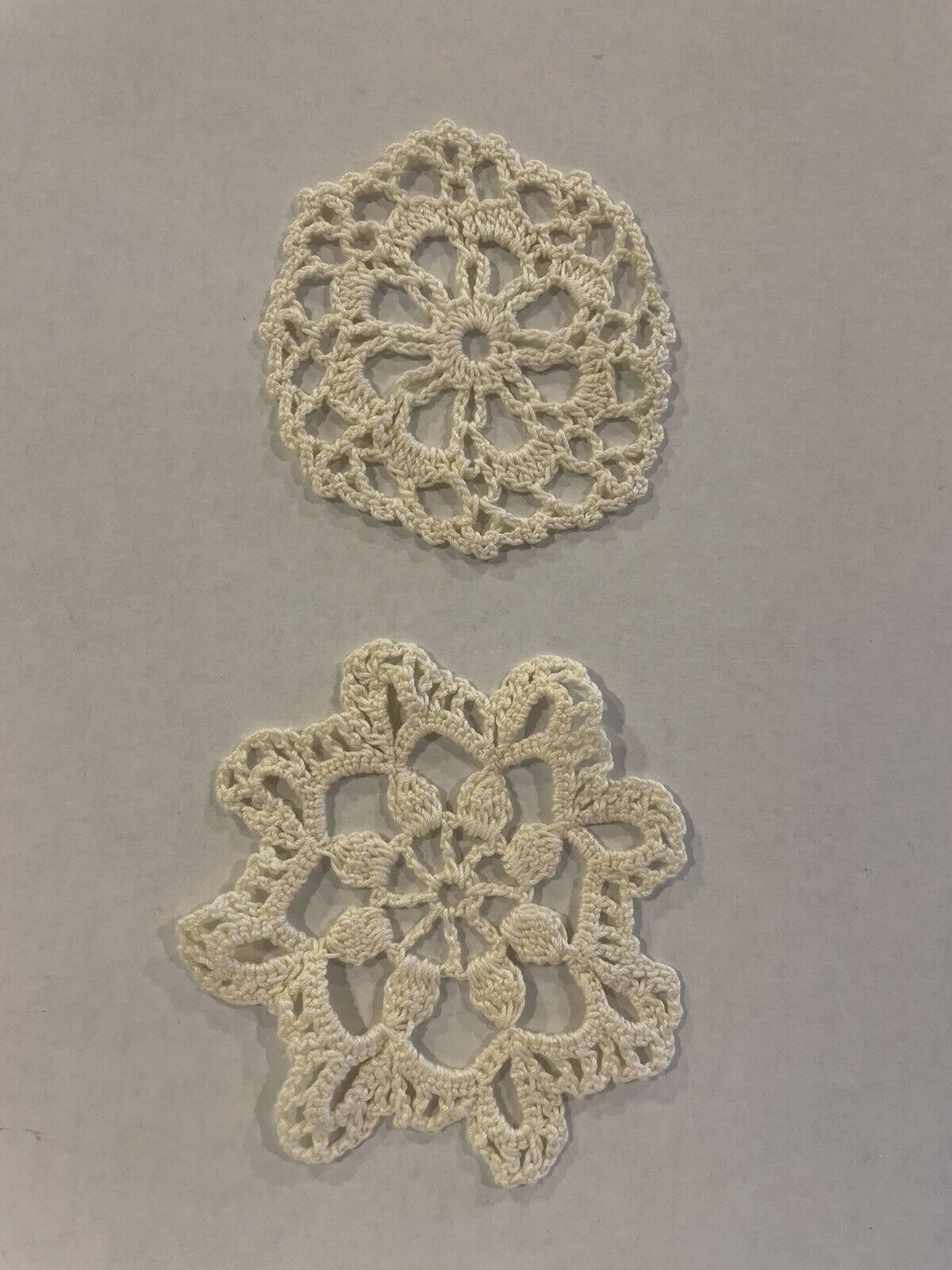 PAIR Vintage Crochet Doillies Coasters White/Cream, Lot of 2. 3.5”, 4.25”
