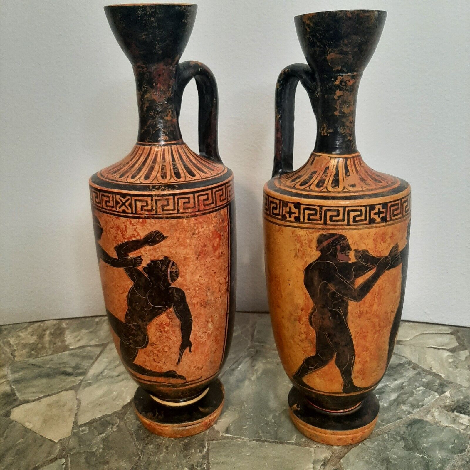 Greek Lekythos jar Museum copy set of 2 athletic boxing scene 10 1/2\