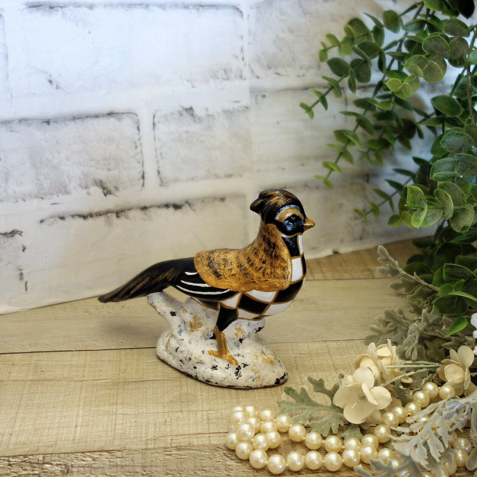 Courtly Bird Of Paradise Checked Songbird Figurine Black And White Check Decor