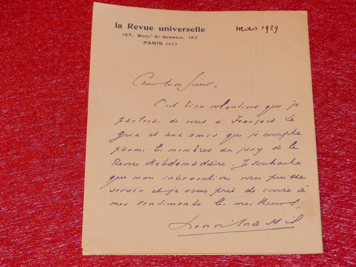Letter Signed Autograph Henri Massis (Politics Journalism) 1929 Action French