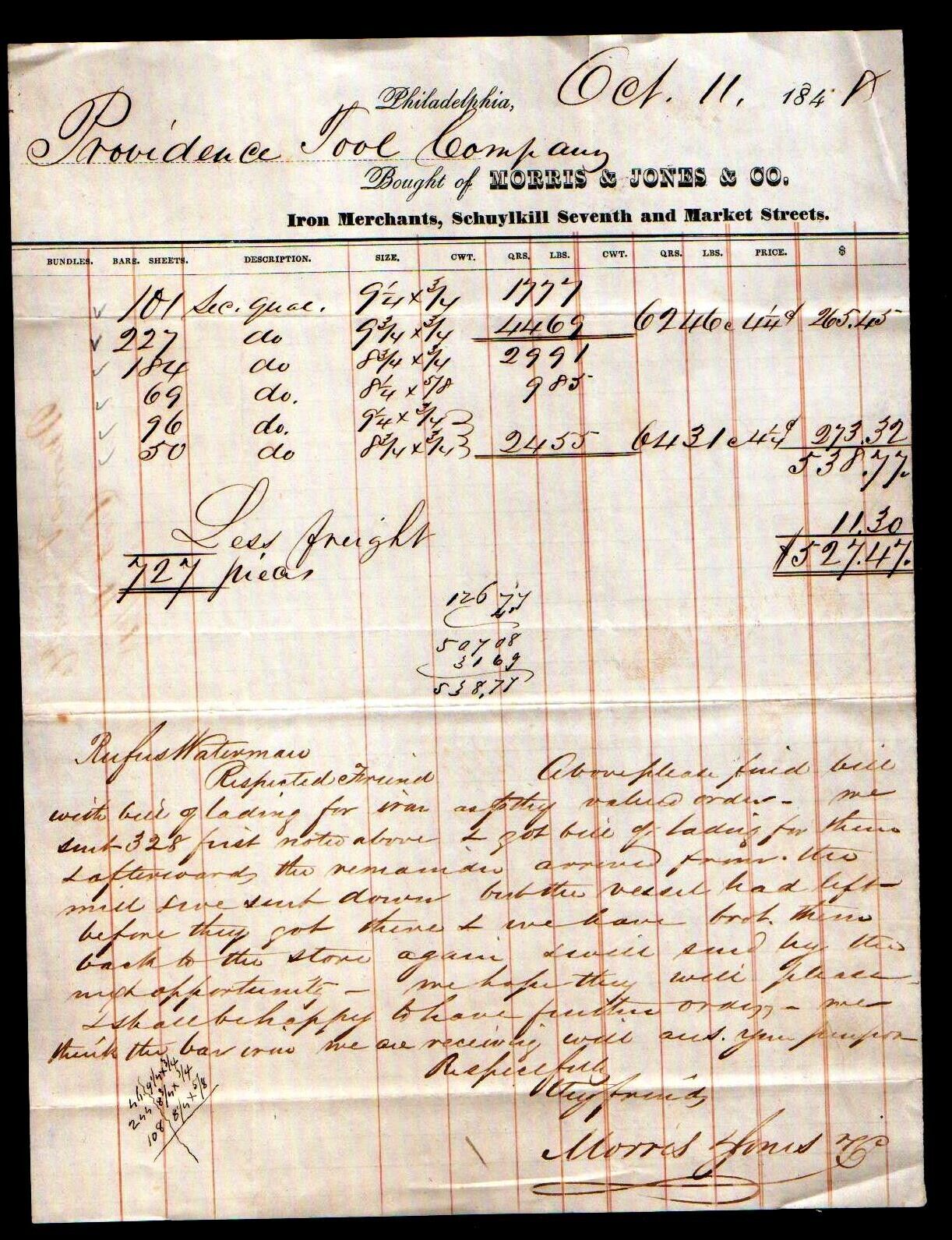1848  Providence Tool Company - Philadelphia   RARE Letter Head Bill