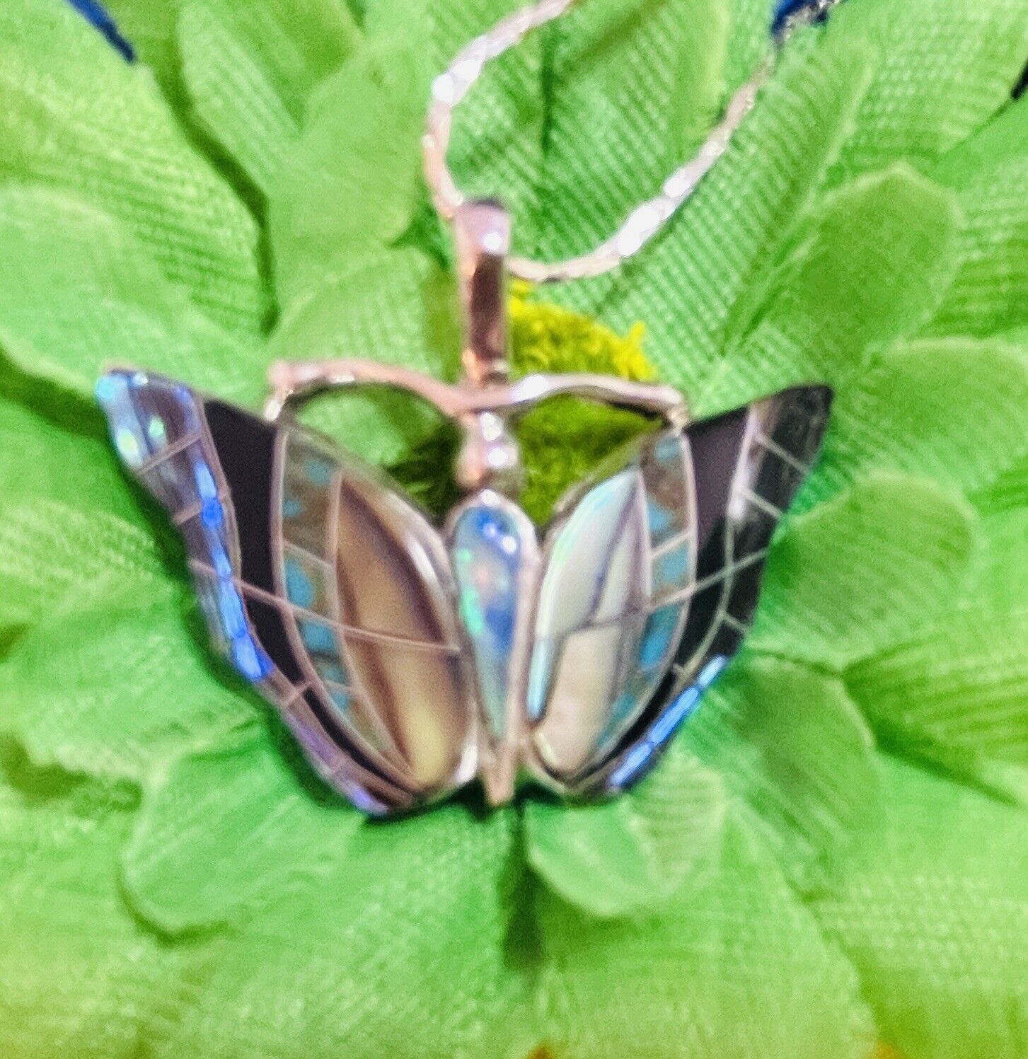 Navajo Sterling Abalone, Turquoise And Opal Butterfly Necklace #875 SIGNED